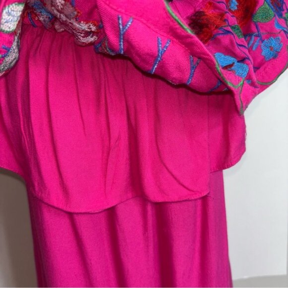 Umgee Women’s Large Vibrant Pink Ruffled Dress Floral Embroidery FLAWED - Picture 5 of 10